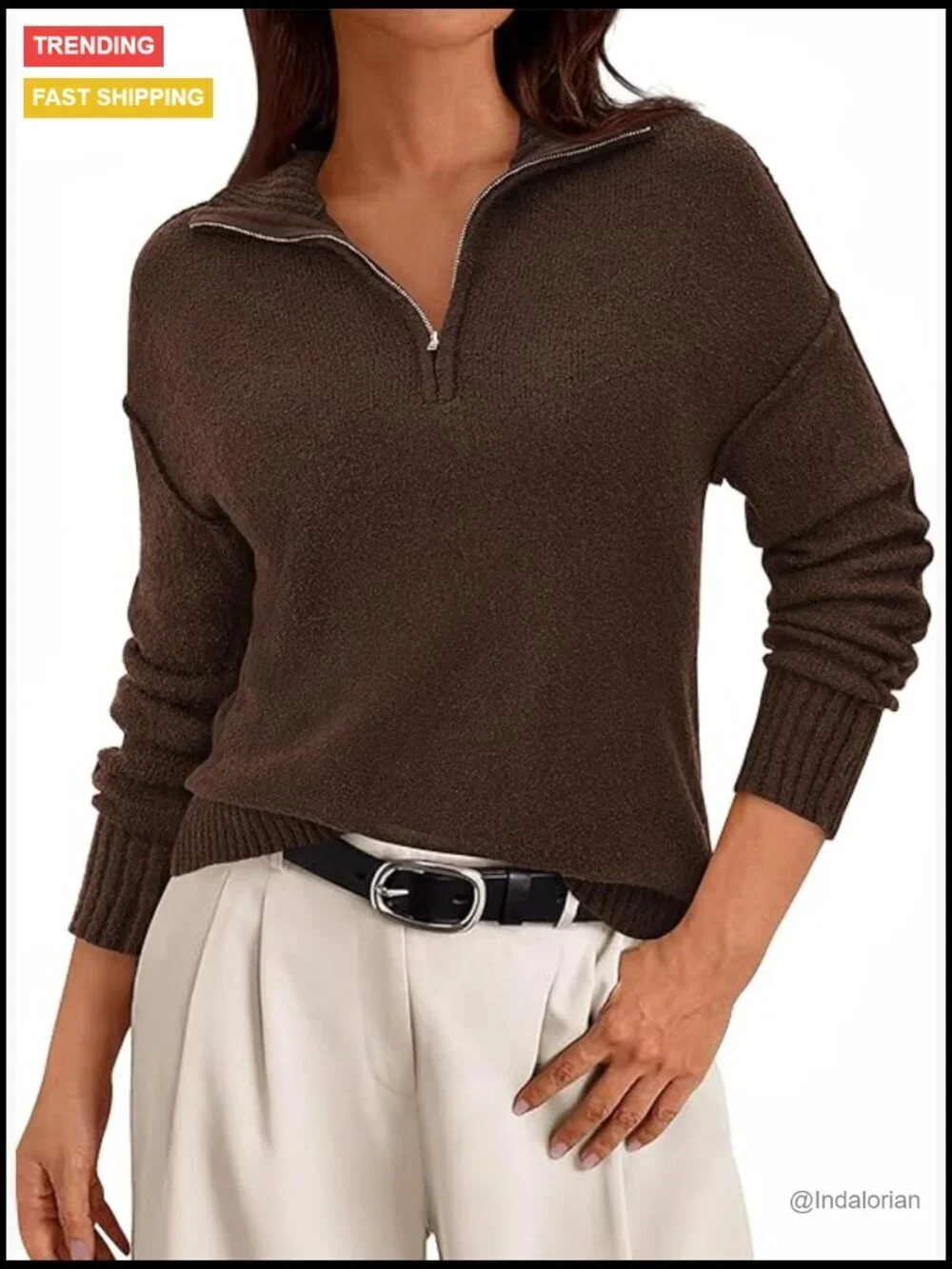 Quarter Zip Pullover Sweater V Neck Collared Knit Jumper Tops Long Sleeve Women